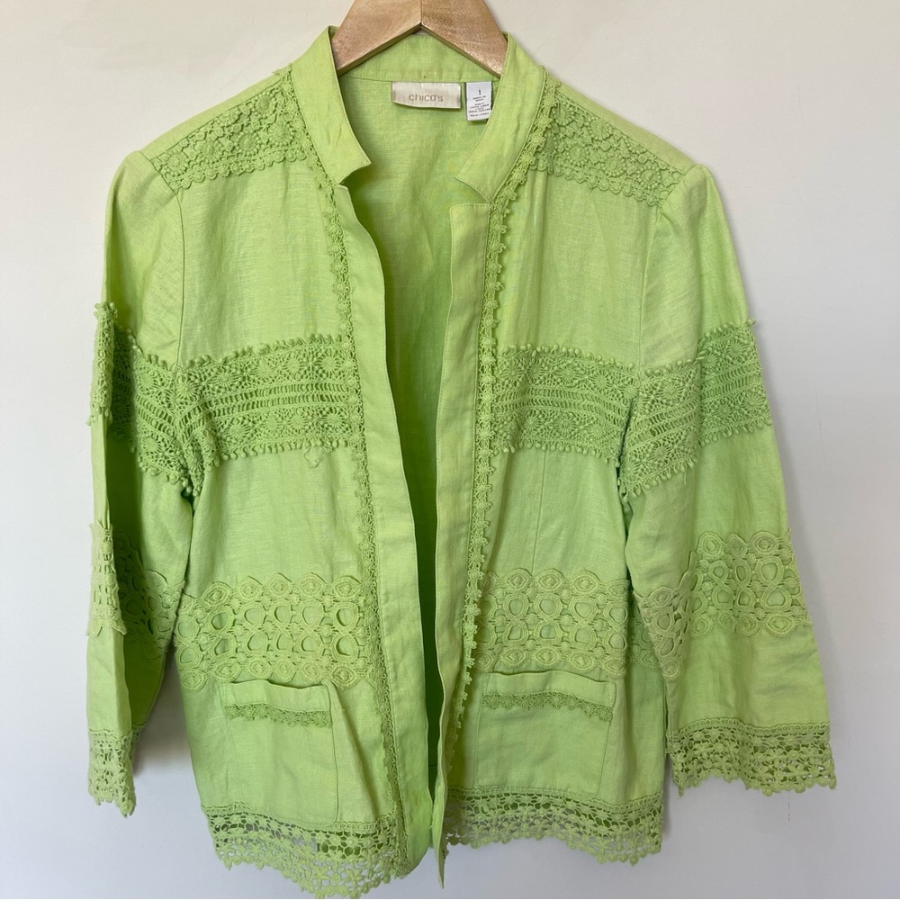 Chico's 100% Linen and Lace Detail Open Front Jacket Size 1